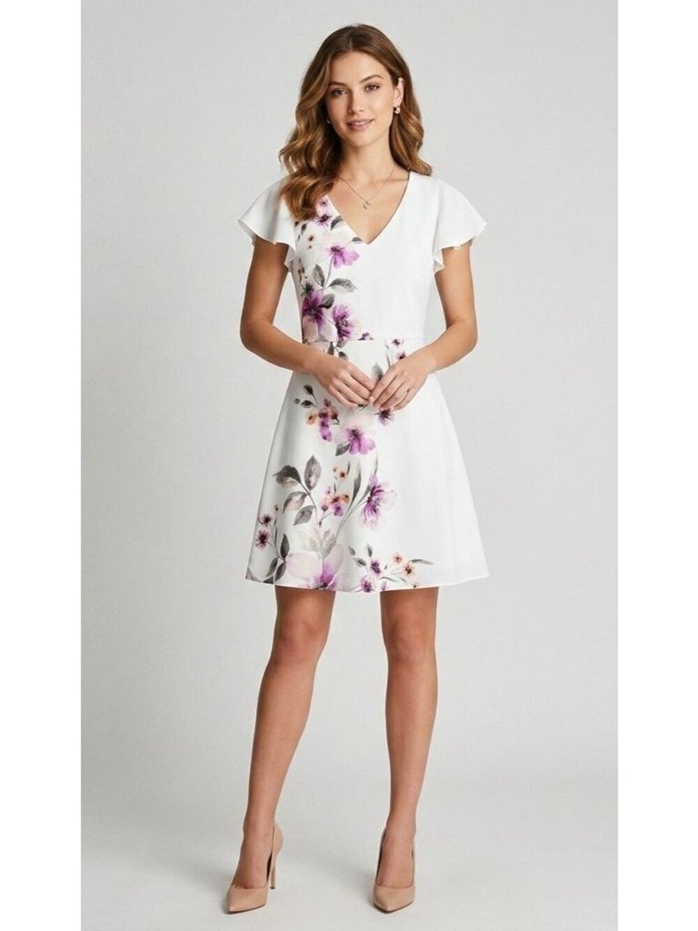 Women's - White House Black Market White Floral Print Dress, Size 2